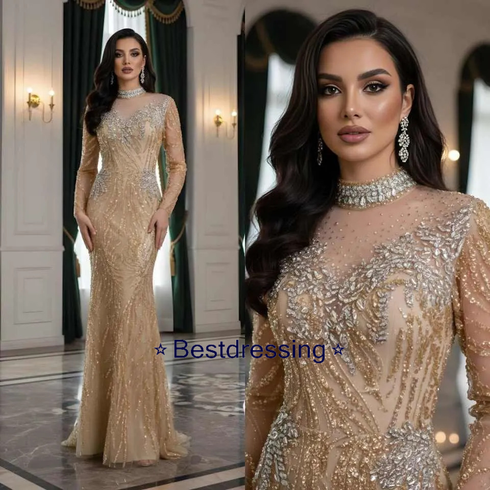 Luxury Muslim Bead Mermaid Evening Dress For Women High Neck Long Sleeves Formal Prom Party Vestidos De Fiesta Elegantes Bd624