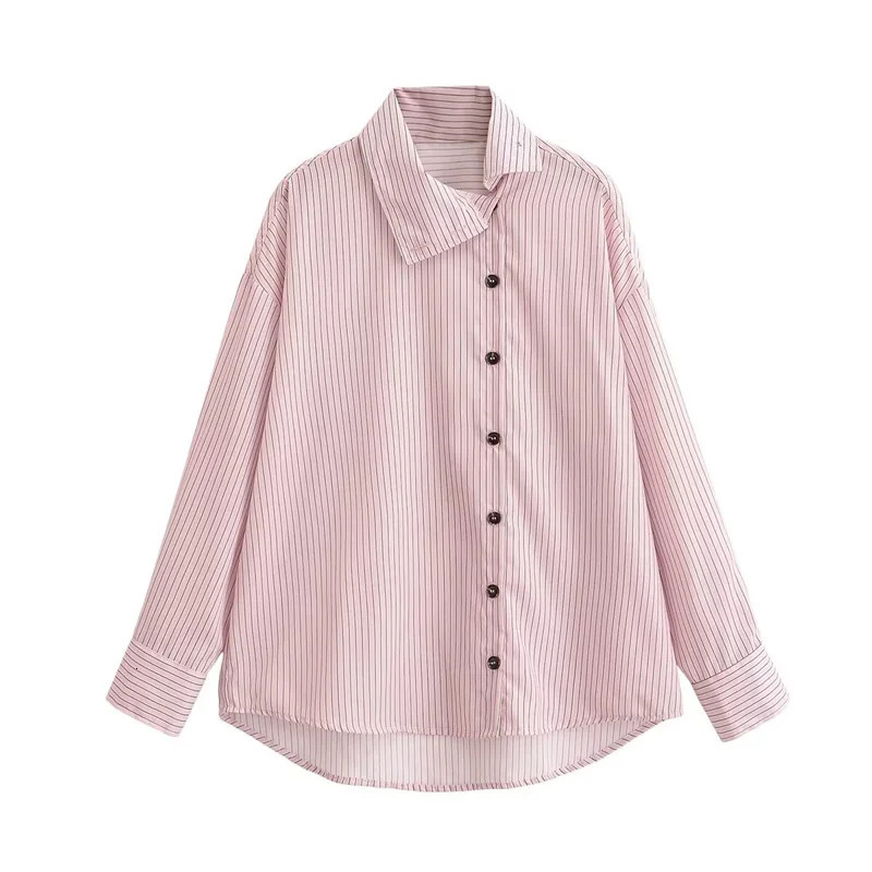 Womens Shirt 2026 Spring Style Pink Striped Long Sleeve High Neck SingleBreasted Loose Casual Fashion Unique 260623