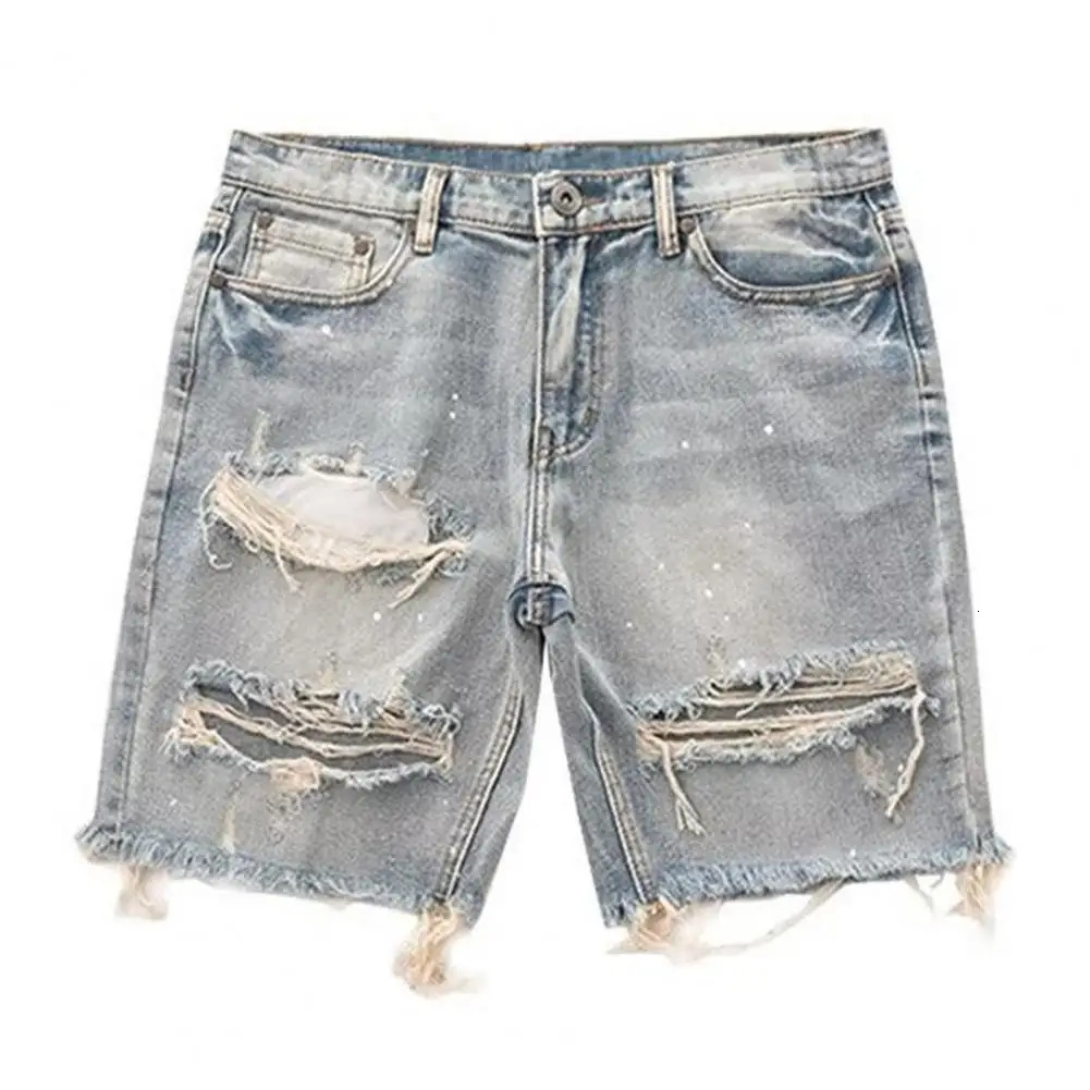 Pantaloncini estivi da uomo in denim invecchiato con bottoni e cerniera, multi tasche, jeans corti, taglio dritto, fori strappati, lunghezza al gino