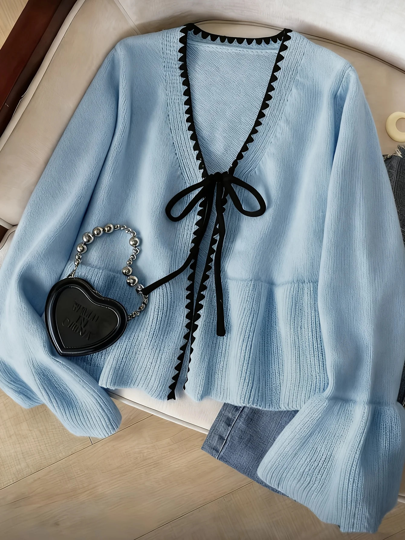Spring Summer Womens Bowknot Front Knit Cardigan Contrast Color Waist Soft Casual Elegant Fashion Tops 260623