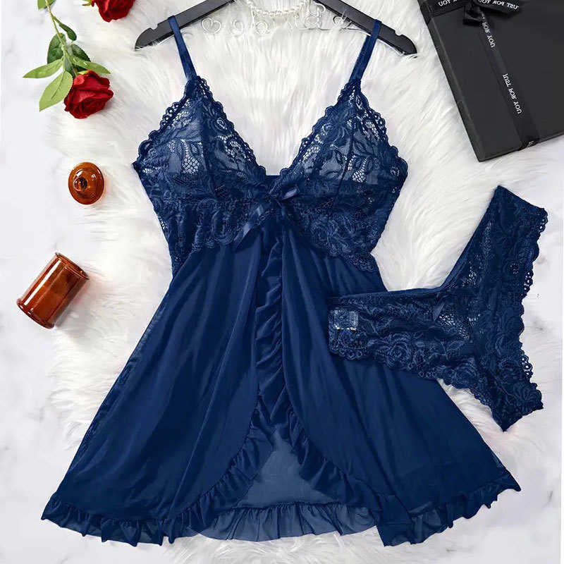 Size Plus Exotic Sleepwear Lingerie Tulle Babydoor Dress Ultra Hot Sexy Nightgown V-neck Bra G-strSet Night Clothes Pajamas D260624