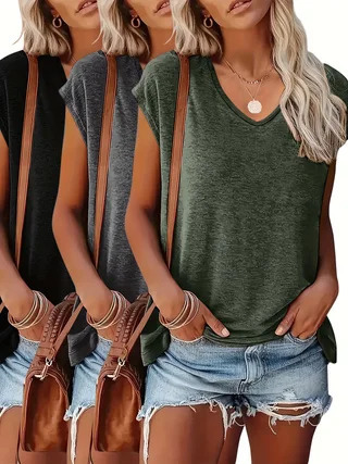 3Pack of Solid Color VNeck CapSleeve Tops Casual ShortSleeve for Summer and Spring Womens Clothing 260624