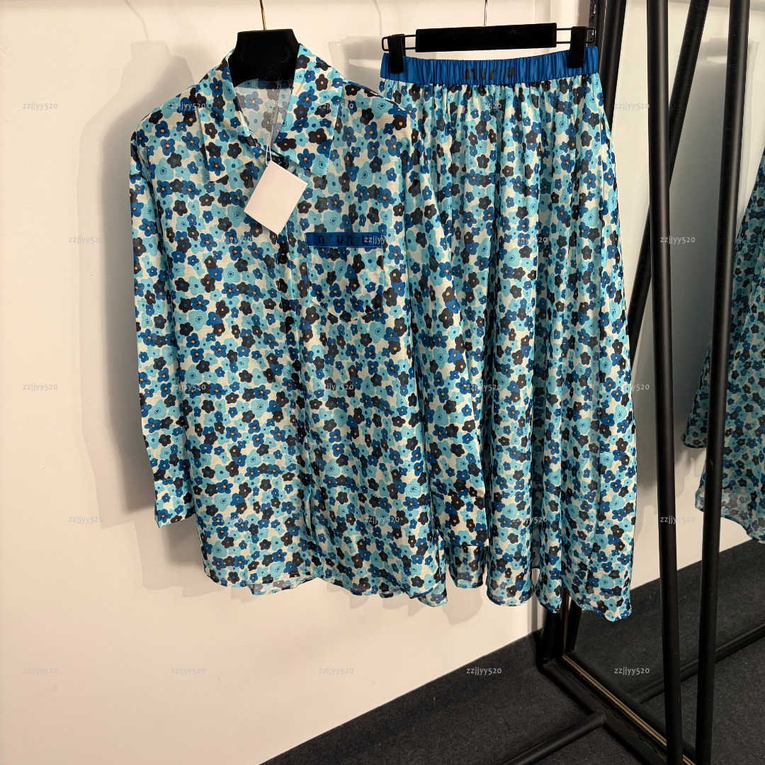 Abito da donna con collo bavero di marca, set estivo per donna, abiti firmati, piccola camicia floreale a vita alta, mezza gonna, set in due pezzi A