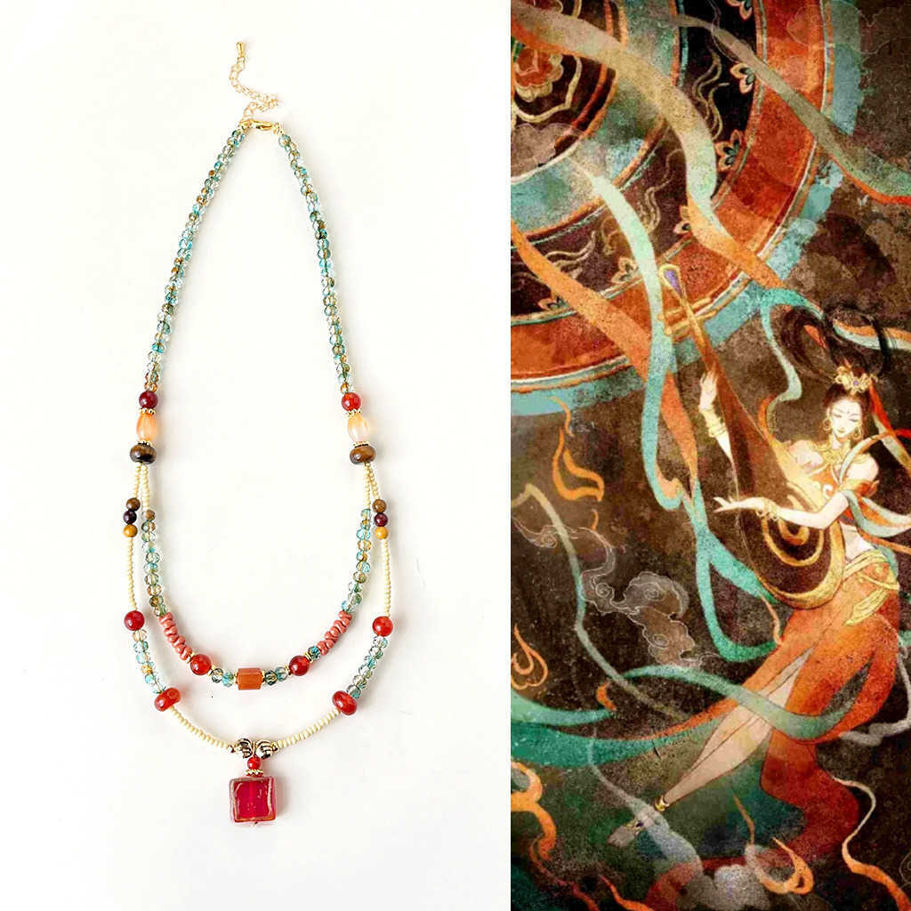 of Dream Dunhuang Original Handmade New Chinese Red Agate Crystal Double Layer Beaded Necklace Retro Ethnic Style Collarbone Chain ddmynov D260624