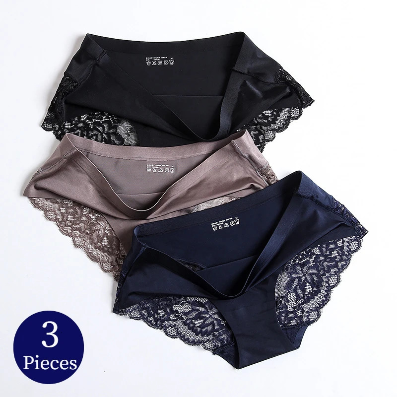 TrowBridge 3PCS/Set Womens Panties Exquisite Lace Underwear Sexy Lingerie Big Size Sweet Silk Satin Briefs Soft Cozy Underpants 260622