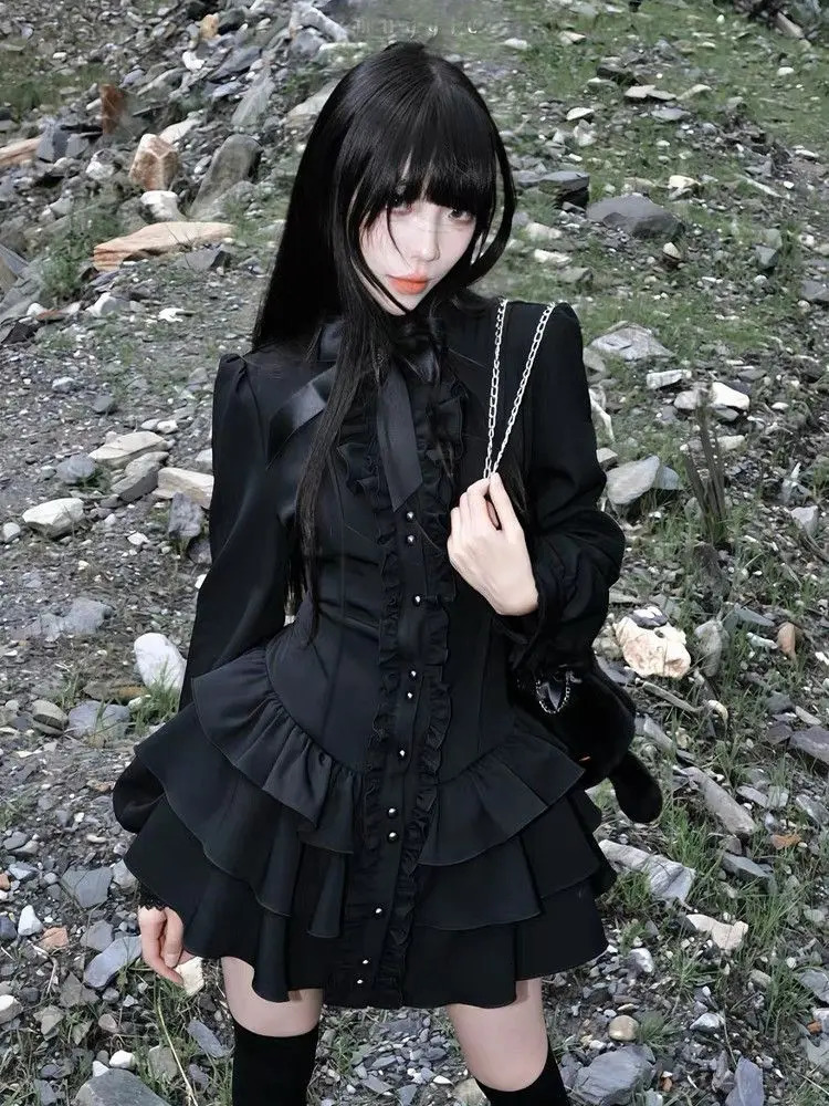 Gothic Vintage Lace Y2k Mini Dress Women n Streetwear Black Lolita Slim Long Sleeve Elegant Spicy Girls 260623
