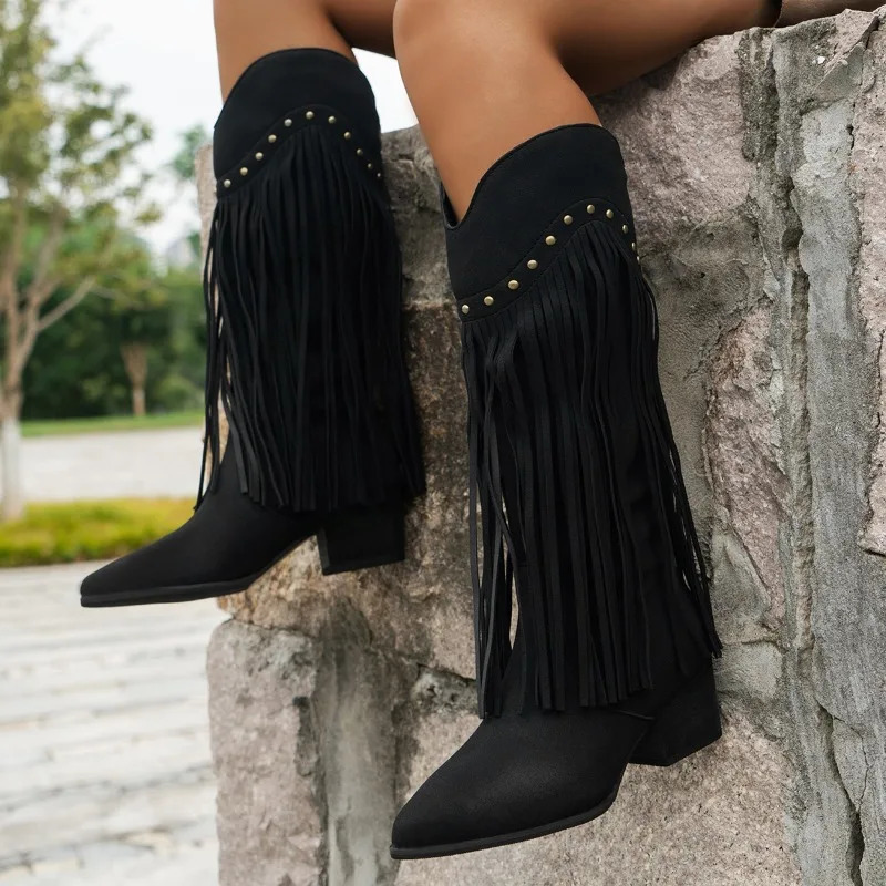 Womens Vintage Fringe Boots Knee-High Low Chunky Heel Pointed Toe Winter Boots Female Western Cowboy Booties 260623