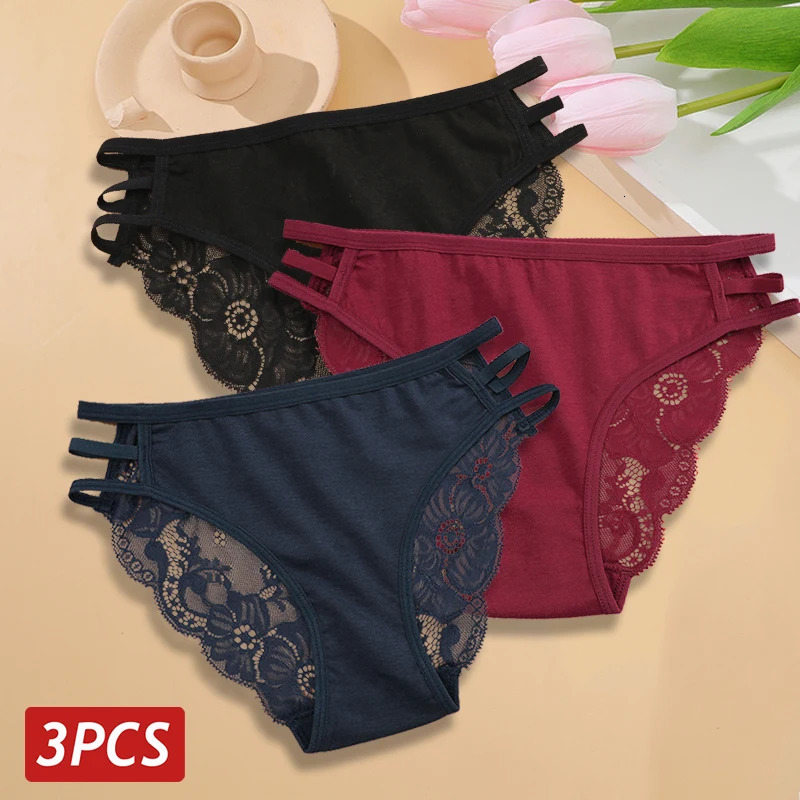 3PC/Set Womens Sexy Floral Lace Panties Low Rise Hollow Out Briefs Transparent Underwear Female Elastic Straps Soft Lingerie 260622