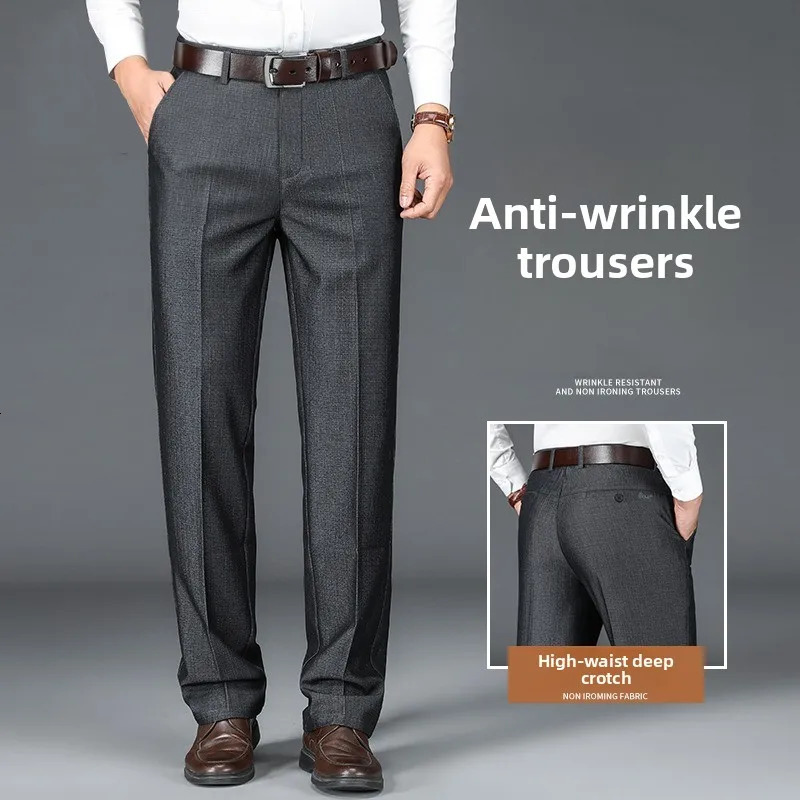 Mens Business Casual Trousers Drapey Elastic Straight Leg Spring Summer Fashionable Polyester Fiber Anti-Wrinkle Dad Pants 260624