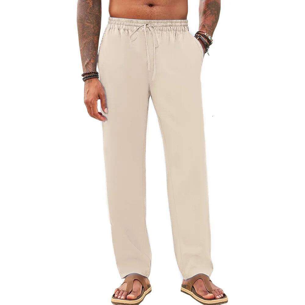 Spring Summer Men's Casual Basic Beach Style Breathable Straight Leg Cotton Linen Pants Vacation Trousers W260624