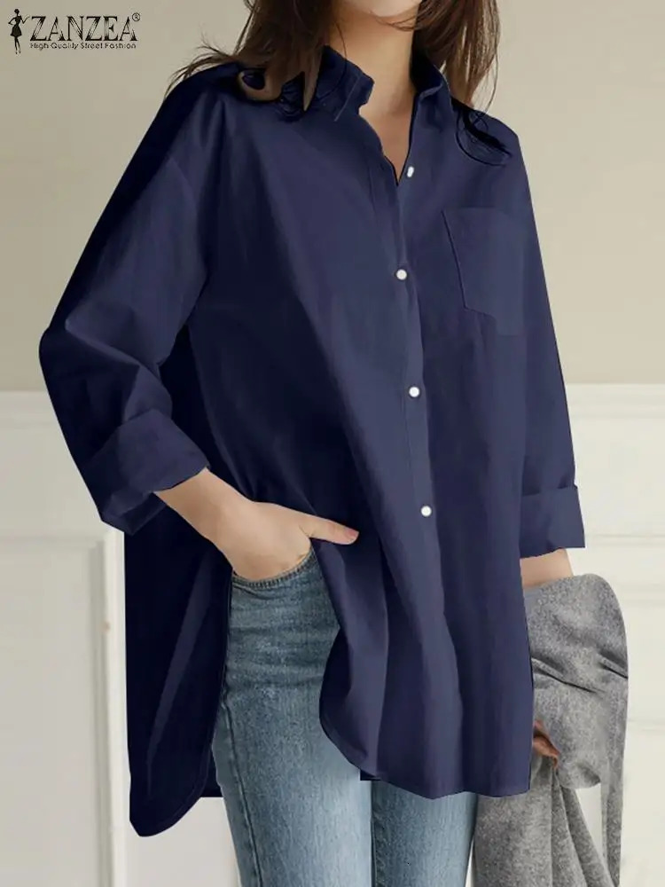 ZANZEA Camicia da donna in cotone Fahion Autunno manica lunga Tunica vintage Top Tinta unita Camicetta elegante Casual Blusa con orlo irregolare 260
