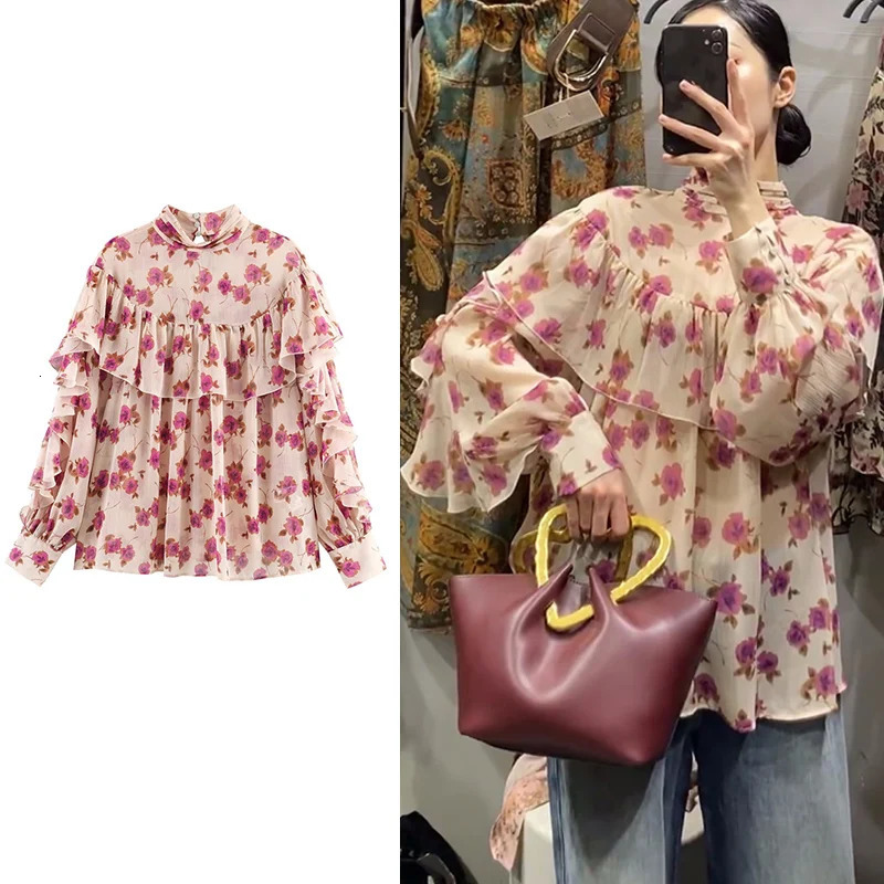 Camicia da donna 2026 Moda vintage primavera stampata a strati decorativa per donna Top a maniche lunghe con personalità casual chic 260623
