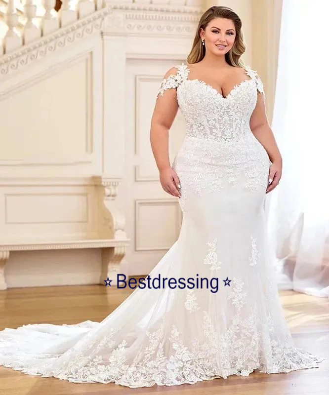 Princess Mermaid Wedding Dresses With Cap Sleeves Lace Applique Floral Outdoor Plus Size Country Bride Gowns Bd624