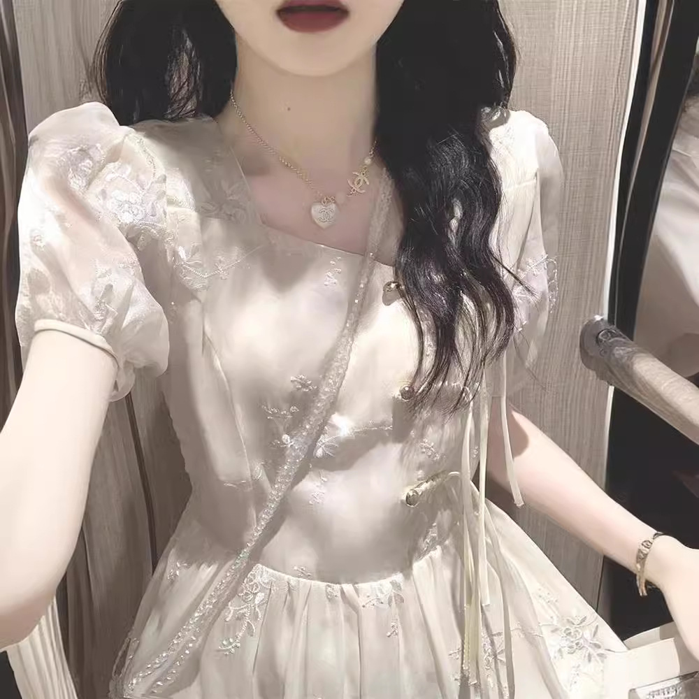 Q0437 New Chinese style apricot dress female summer small man bubble sleeve temperament sweet fairy gentle first love long dress-image-1112036053