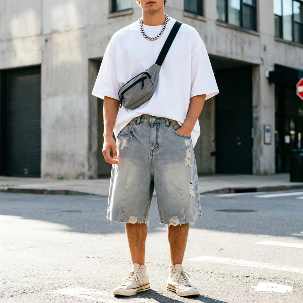 Summer Mens Casual Jeans Shorts Loose Mid High Waist Fashion Knee Lenght Ripped Denim Short Pants Vintage Male Korean 260613