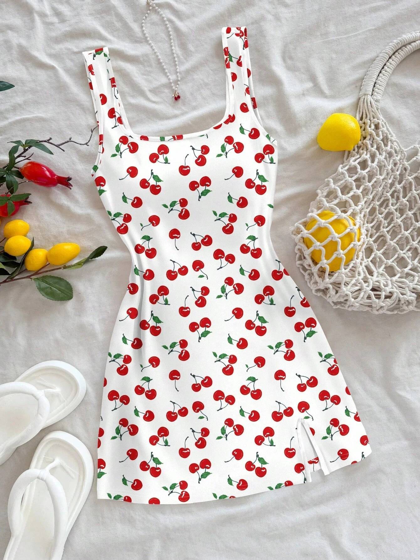 Women's Sexy Vacation Style U-Neck Cherry Print Open Back Side Slit Mini Dress For Spring/Summer Asia Size
