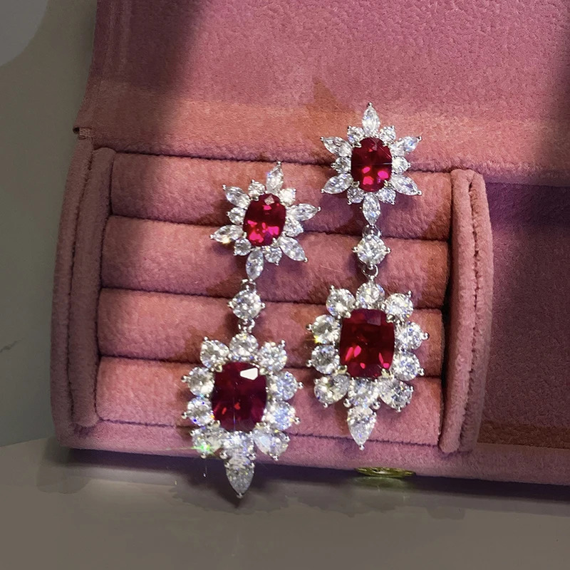 Huitan Pendientes colgantes de circonita roja/blanca brillante para mujer para compromiso, boda, fiesta, temperamento, pendientes elegantes, joyería