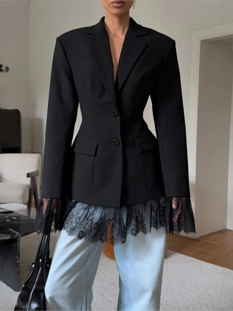 Elegant Lace Blazer Coat Women Fashion Office Lady Full Sleeve Single Breasted Jackets Autumn Black Casual Slim Coats 260622