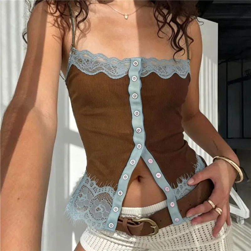 Womens Summer Slim Camisole Button Up Front Tank Top with Lace Trim Spaghetti Strap V-Neck Sleeveless T-Shirt Y2K Streetwear 260623
