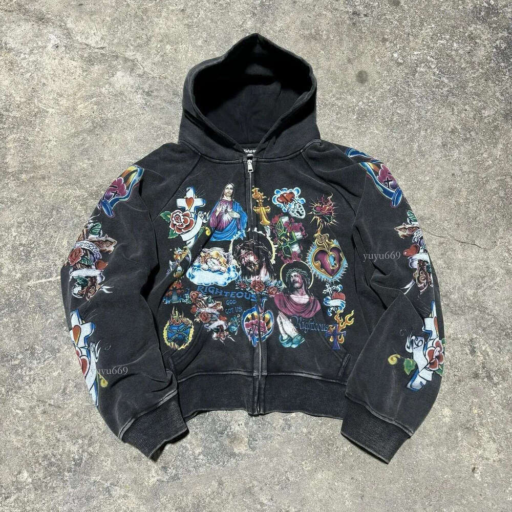 Felpe con cappuccio da uomo Felpe con cappuccio retrò nero Risen King Zip Up Felpe con cappuccio lavate con grafica gotica per uomo Donna Felpa Stre