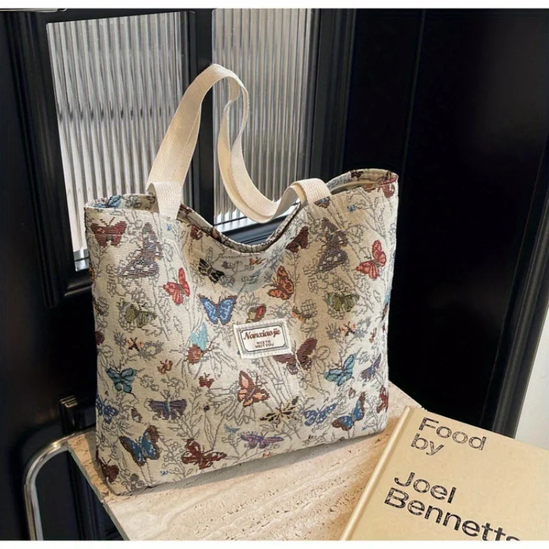 Womens Bag Butterfly Flower Print Embroidery Shoulder Bags Fashionable Canvas Handbags Large Capacity Zipper Shopping Bag 260623