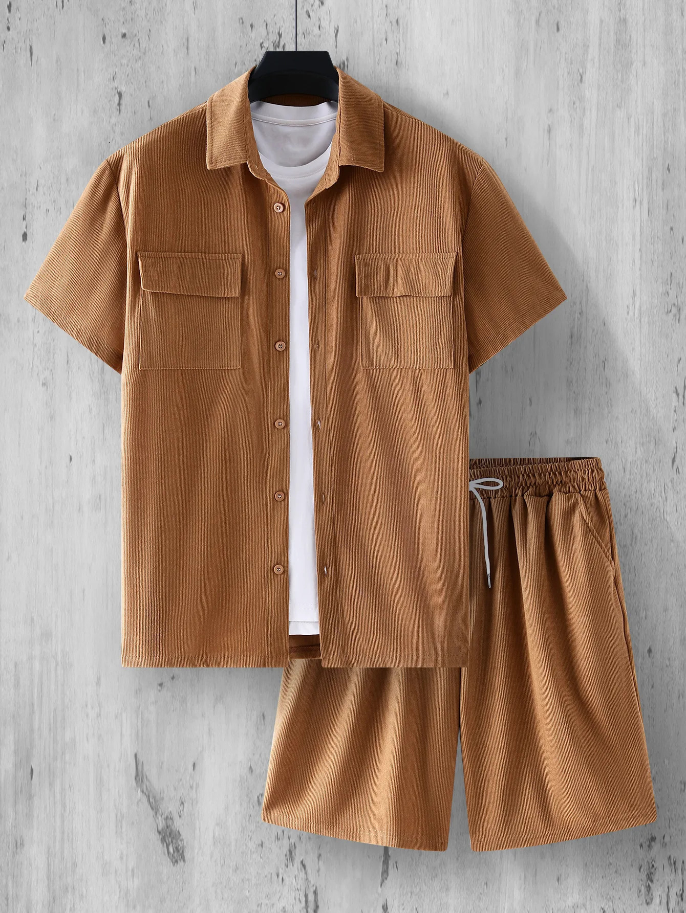2026 Summer Men Outdoor Leisure Solid Color Comfortable Corduroy Collar Button Shirt Set Fashion Trend Beach Vacation 260623