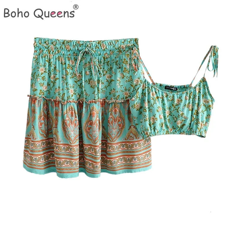 Boho Queens Womens 2 Piece Set Summer Floral Print Rayon Tie Strap Crop Top and Mini Skirt Beach Holiday Outfits 260623