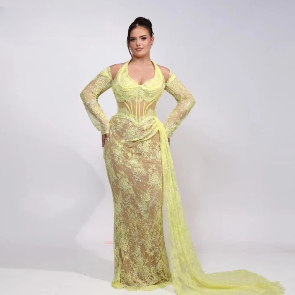 Umi Customized Elegant Vintage Sexy Yellow Lace Mermaid Summer New Stylish Customize Formal Occasion Prom Dress Evening Gowns Custom Made Color/size