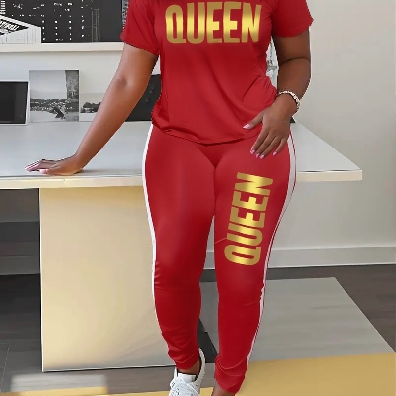 Plus Size Letter Print Short Sleeve Tshirt Pants Set Womens Medium Stretch Workout 2pc Two Piece y260601