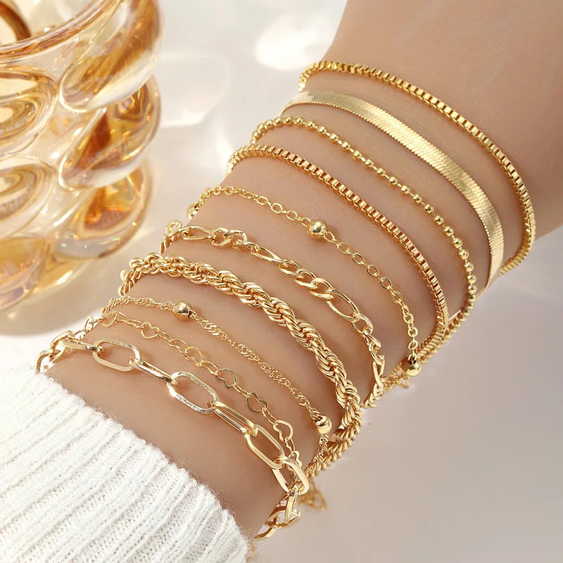 10 Pcs Vintage Statement Gold Color Flat Snake Chain Box Chain Bracelet Boho Multi-layer Metal Bracelet Womens Summer Jewelry 260618