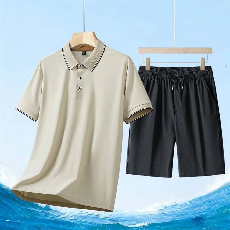 Summer Mens 2Pcs Short Set Beige Stitch Trim Polo Black Quick Dry Drawstring Shorts Middle Aged Casual Tracksuit 260624