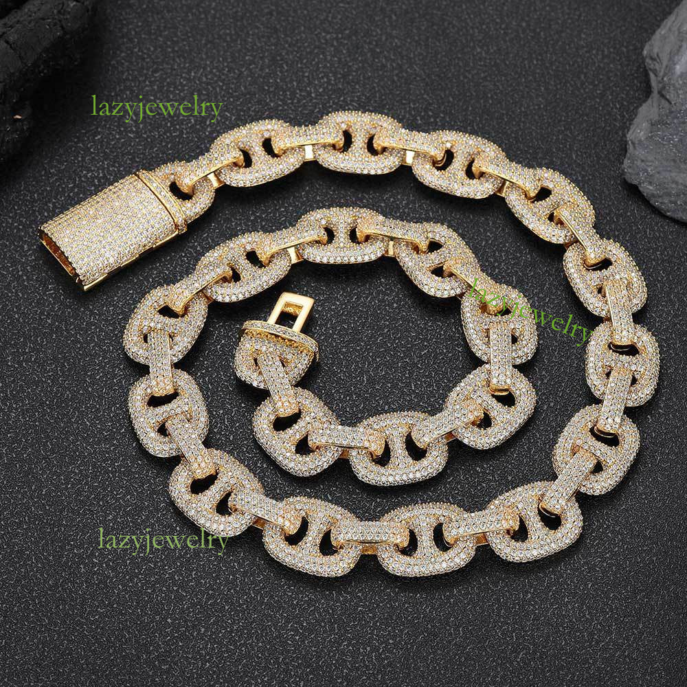 Hip-hop style 16mm full diamond Moissanite pig nose chain set with diamond ice crystal men Myer Mi necklace bracelet classic box button design