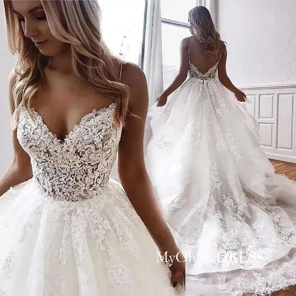 Elegant Boho A Line Bride Dresses Spaghetti Straps Lace Applique Tiered Tulle Custom Made Chapel Train Wedding Gown Vestido De Novia Y624
