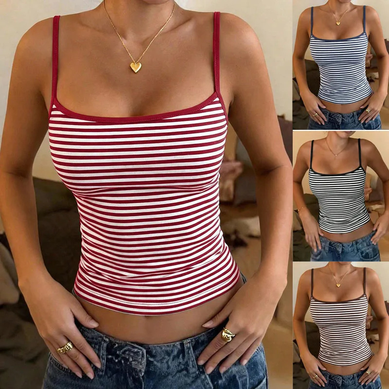 Womens 2026 Vintage Striped Crop Top Low Cut High Waist Slim Fit Tank Sexy Y2K Streetwear Camisole 260616