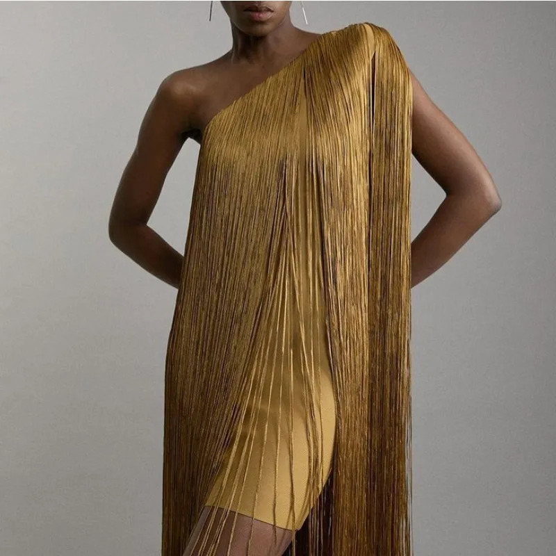 Sexy One Shoulder Women Fringe Mini Dress Tassel Bodycon Party Dress 2026 Summer Elegant Evening Cocktail Clubwear Vestidos 260623