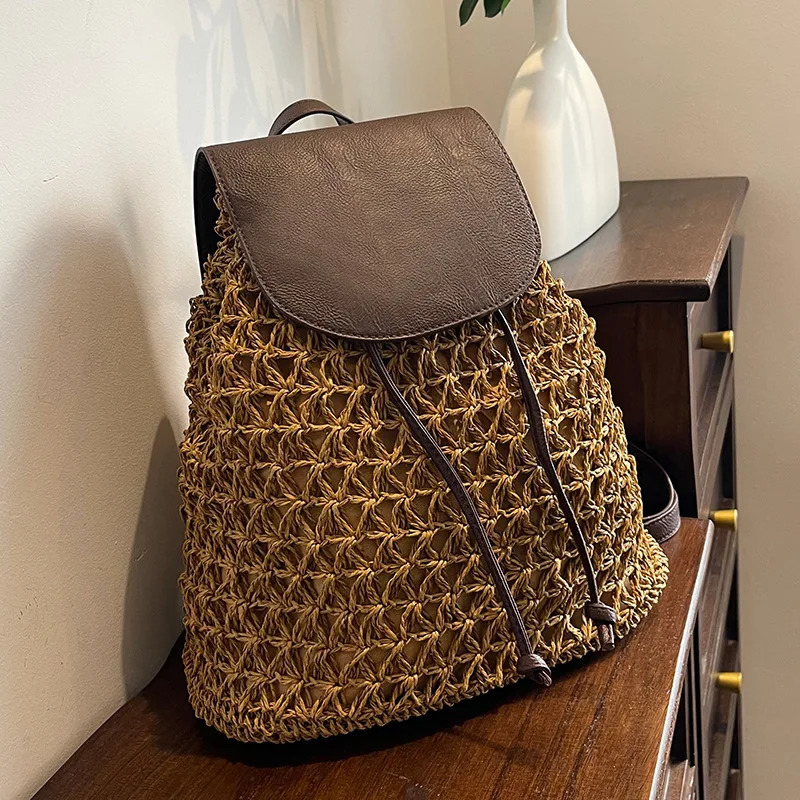Vintage Straw Backpack Womens Fashion Shoulder Bag Versatile Straw Woven PU Leather Elegant y er Backpack 260624