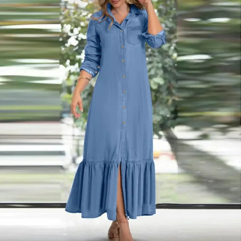 Womens Long Sleeved Loose Denim Dress with Lapel Button Up Cardigan Solid Color Casual Loose Denim Long Dress 260623