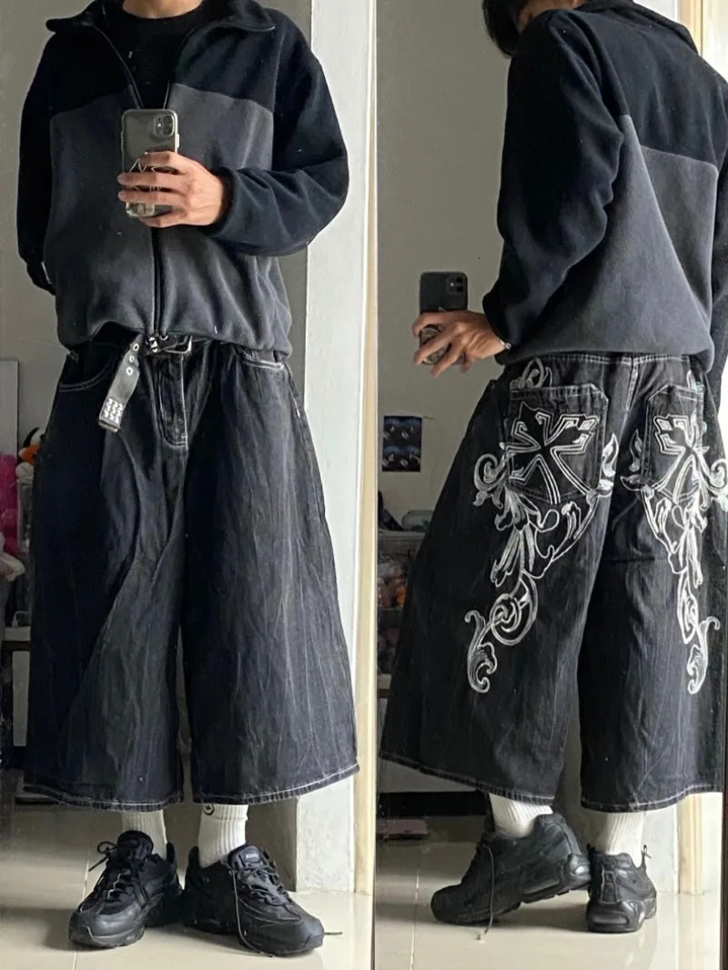2026 American Summer Fashion Pattern Embroidery Loose Denim Shorts Men Y2K Harajuku Hip Hop Casual Wide-leg Shorts 260623