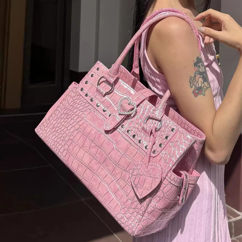 WOMEN Y2K Pink Heart Pattern Shoulder Bag Crocodileprint Handbag Girls Trendy Large Capacity Commuter 260623