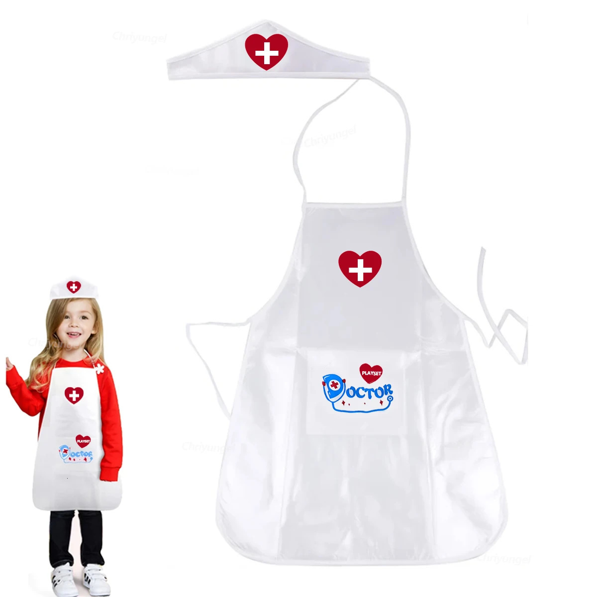 Conjunto de delantal y gorro de disfraz de enfermera para niñas, juego de rol de médico, juguete para juego de imitación, traje educativo familiar p