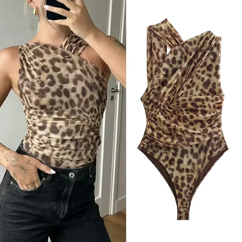 MUJER 2025 Woman Body Leopard Print Mesh Sleeveless Bodysuit Women Summer Tulle Off Shoulder Tight Lingerie Sexy 260618