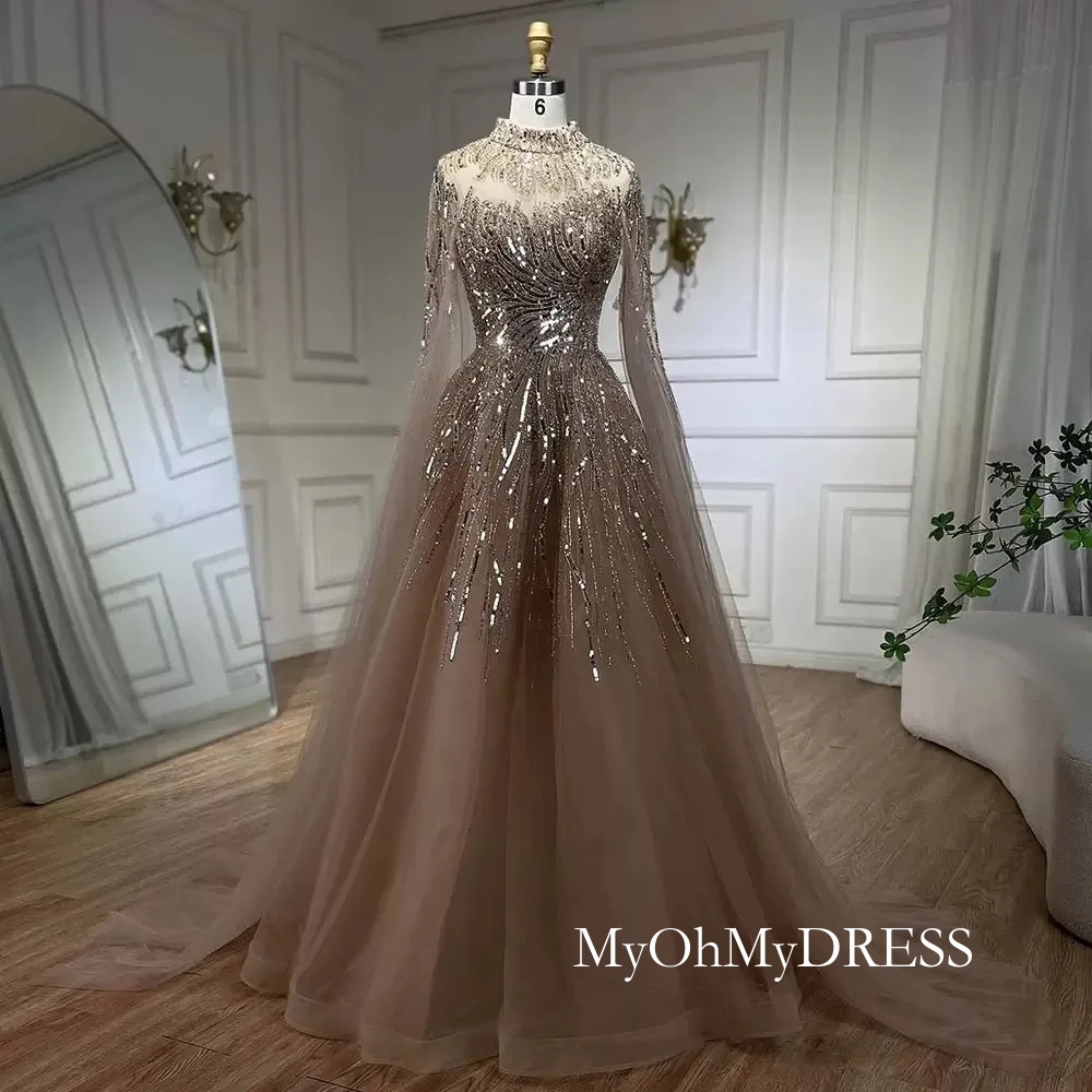 A Line Arabic Prom Dresses 2025 Beaded Sequined Tulle Sheer Neck Evening Formal Party Second Birthday Engagement Gowns Plus Size Dress For Special O