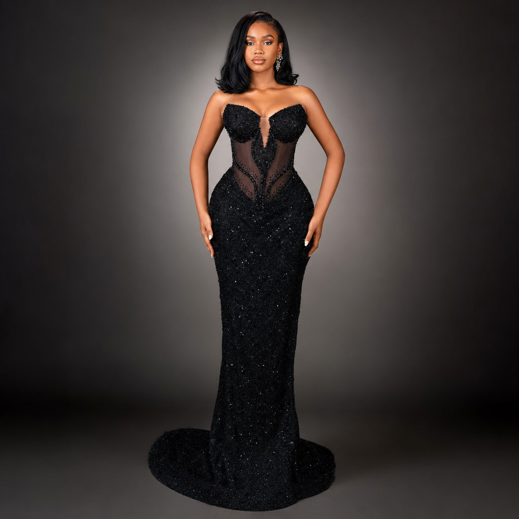 Sparkly Black Sequined Prom Dresses Beaded Long Corset Mermaid Evening Gowns Illusion Bodice Black Girls Formal Dress Special Occasion Pageant Party