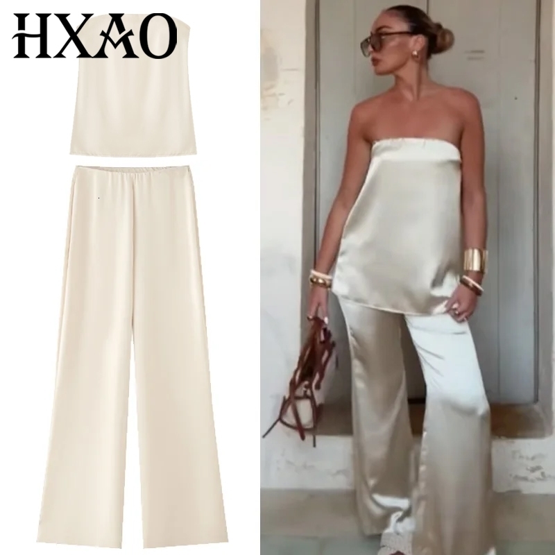 HXAO Satin Pant Sets Two Pieces Set Strapless Off Shoulder Tube Vest 2 Piece Woman Outfit High Waist Trousers y260609