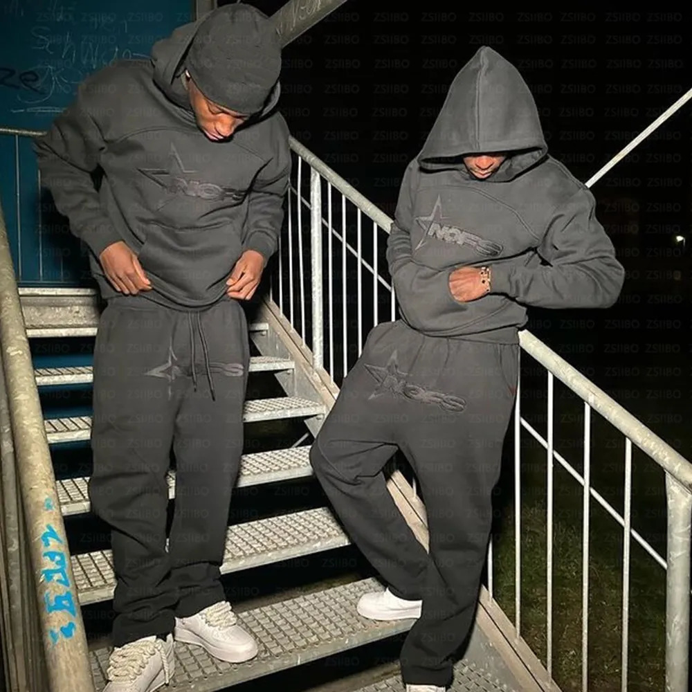 Harajuku Hoodies Men Y2k Hip HopletterGraphic Print Hooded Sweatshirt Punk Rock Oversized Pullovers Baggy Sweatpants Suits 260624
