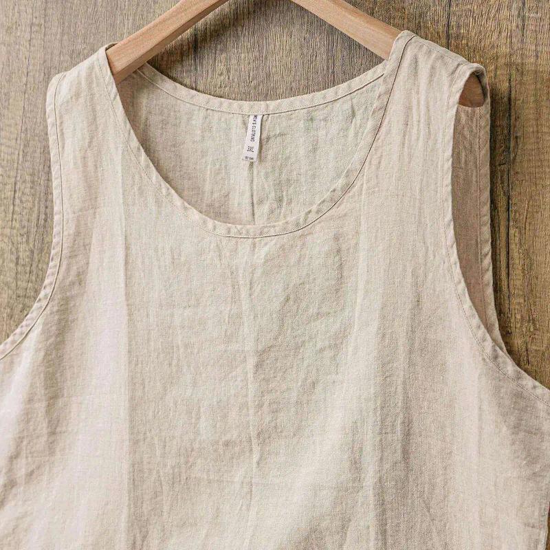 Men's Tank Tops Lightweight Breathable Khaki Pure Linen Short Sleeve Vest Sweat Absorbent Cooling Simple Design Summer Menswear