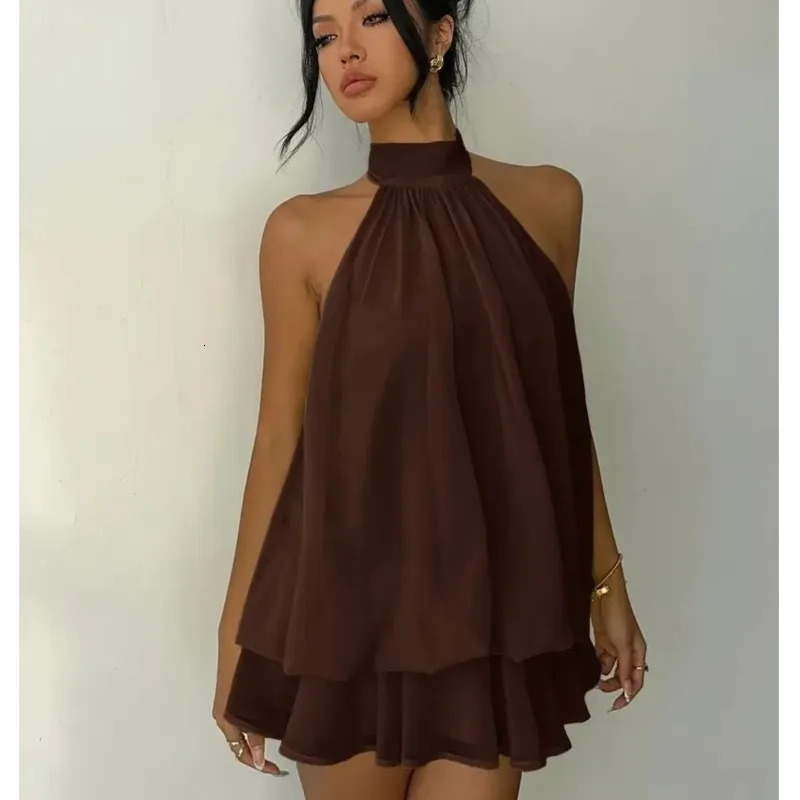 Boho Beach Vacation Womens Dress Chiffon Blouses 2 Pieces Sets Halter Neck Tea Break Short Skirt 2026 Summer Sexy Backles 260622