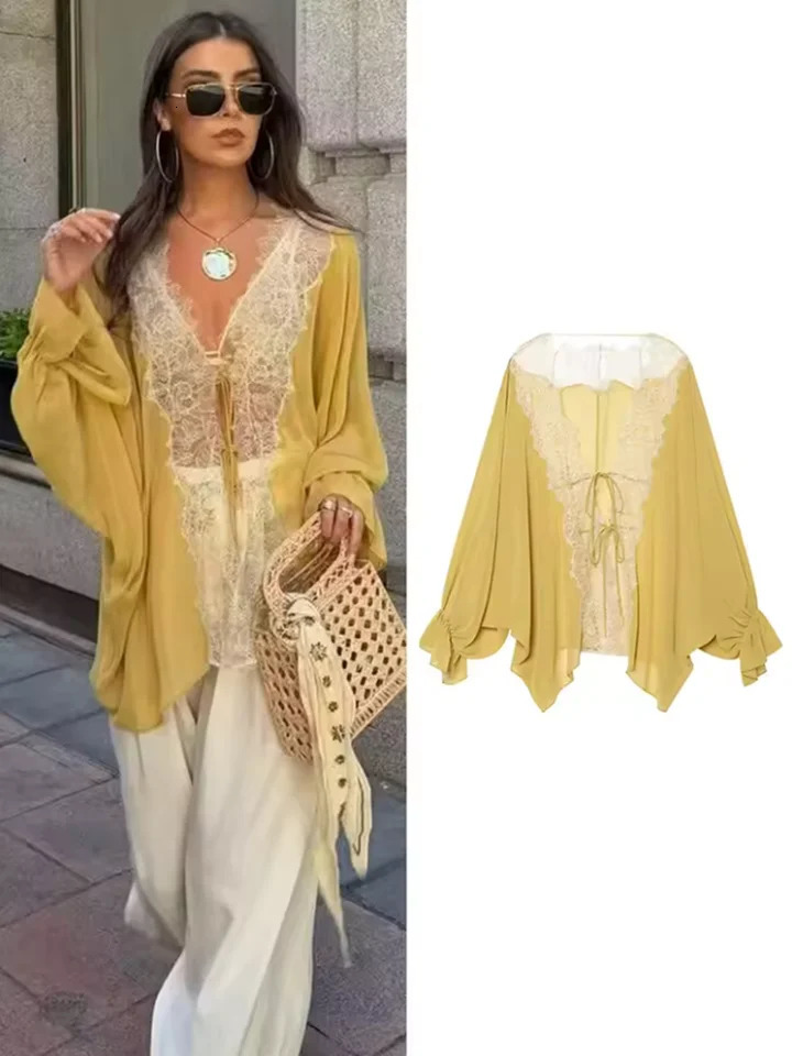 Women Lace Patchwork Lantern Long Sleeve Blouse Tops 2026 Summer Tieup Loose Sheer Female Irregular High Street 260623