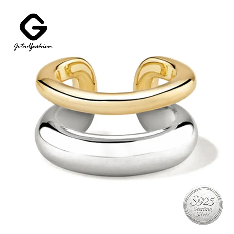 925 Sterling Silver Bicolor Two-Tone Ear Cuff No Piercing Double Band Ear Clip Fine Jewelry for Women Fashion Designer Earrings