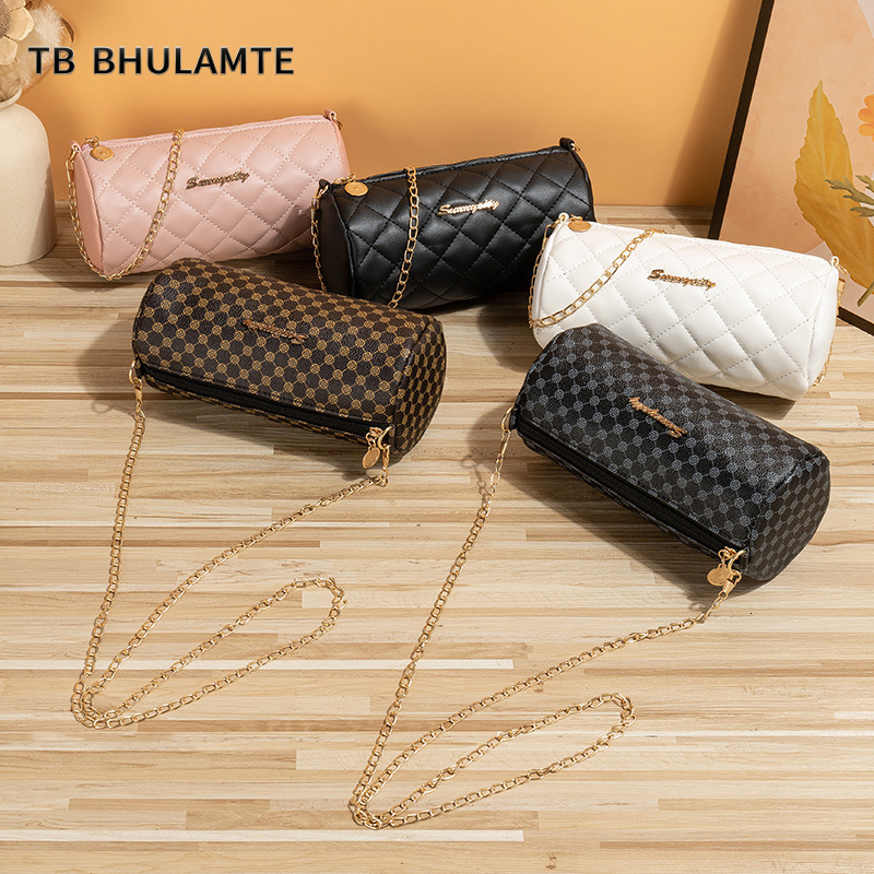 TB BHULAMTE Women's 2023 Trendy Quilted Ladies Printed Chain Crossbody Cylindrical Shoulder Bag
